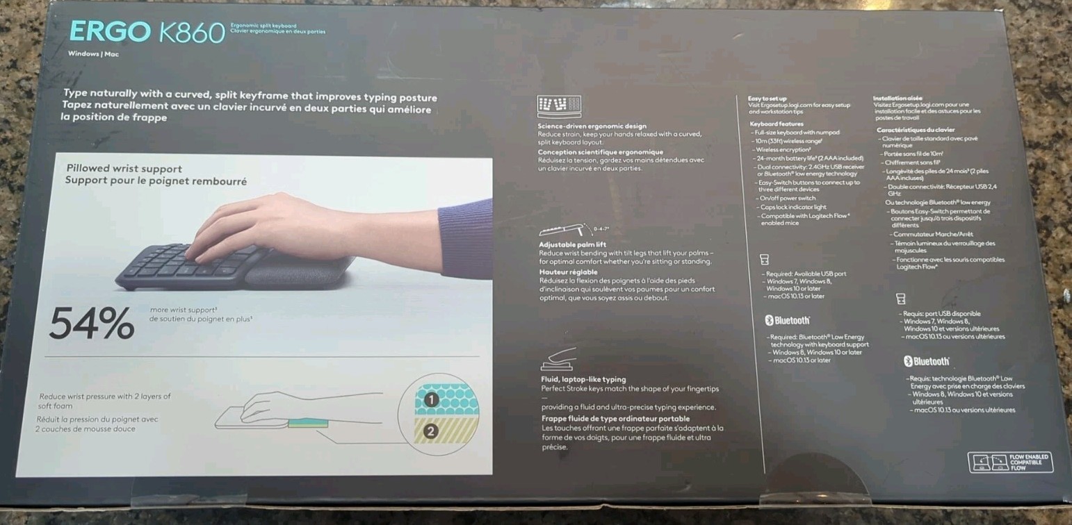 NIB Logitech ERGO K860 Wireless Keyboard - Black Bluetooth & Dongle Ergonomic