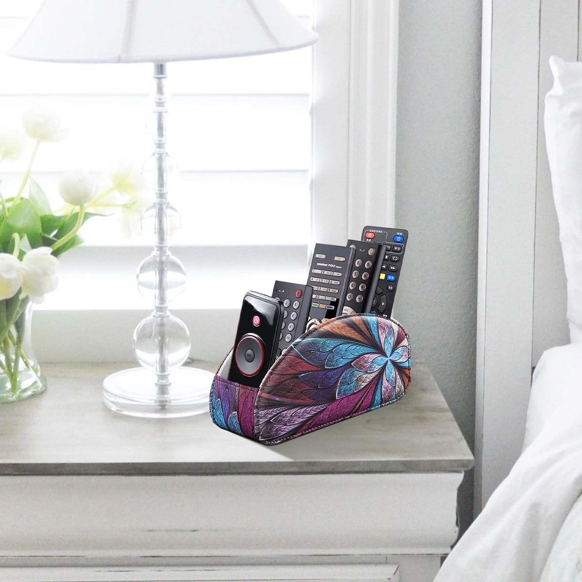 PU Leather TV Remote Control Holder Caddy 5 Compartment Nightstand Organizer