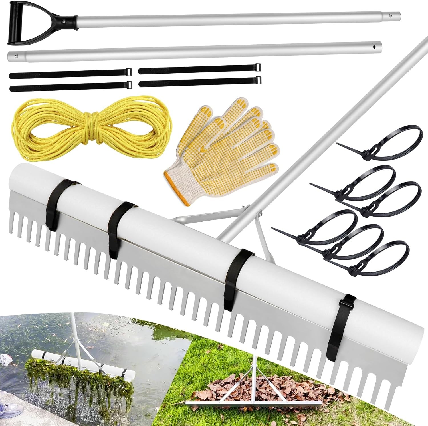 36" Aluminum Aquatic Pond Weed Rake, 132" Adjustable Pole & 52ft Rope with Float