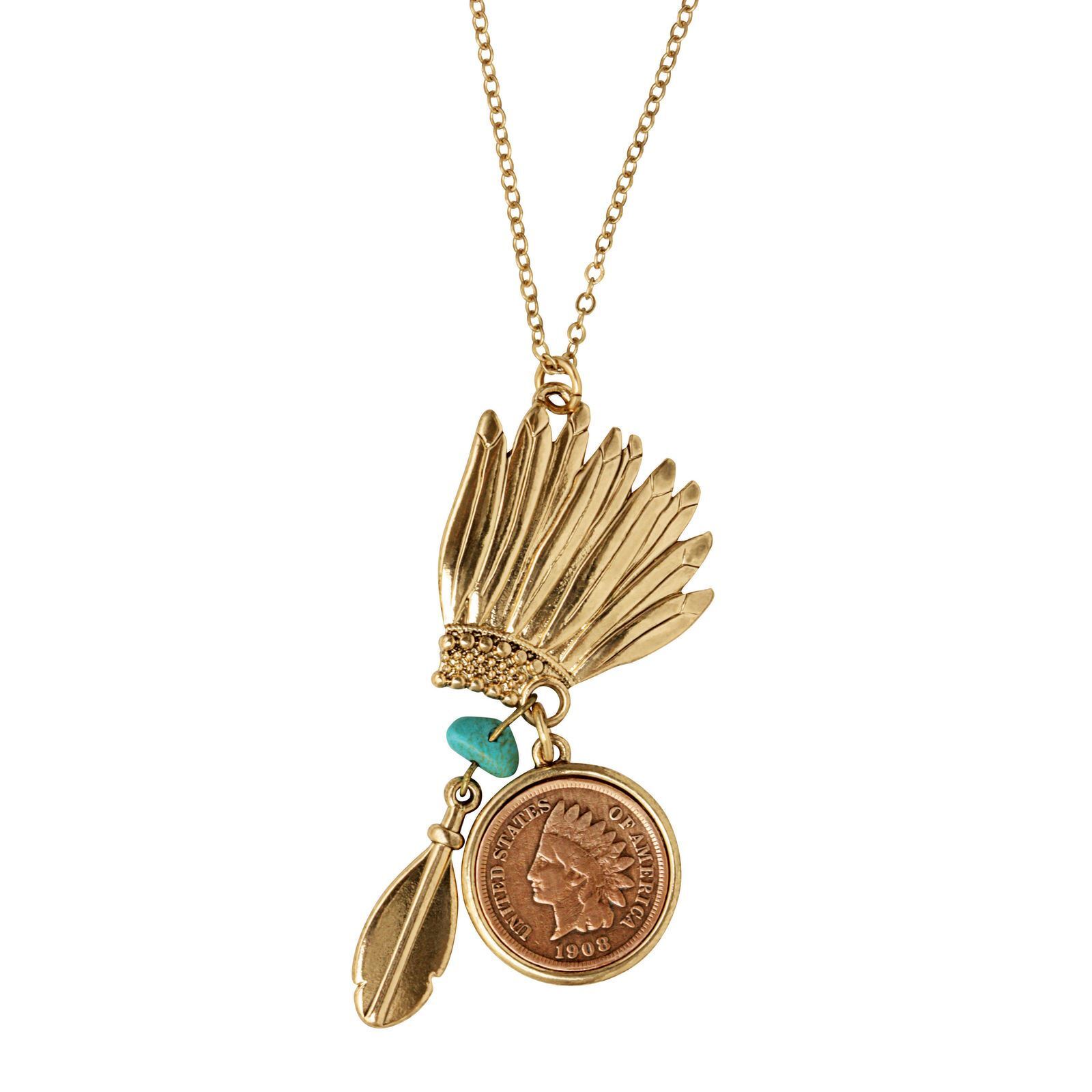NEW Indian Head Penny Headdress Charm Coin Necklace With Turquoise Stone 14710