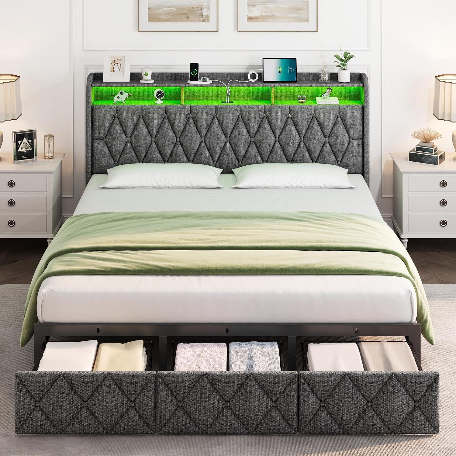 King Size Bed Frame with 3 Storage Drawers, Upholstered King Bed Frame with LED