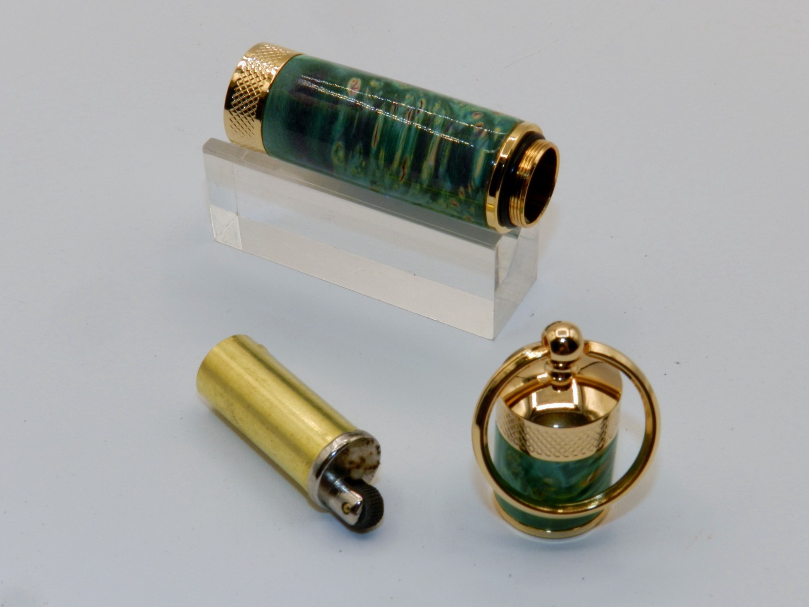 Handmade Key Chain Lighter, replaceable flint. Made w/ Dyed Box Elder Burl. #45