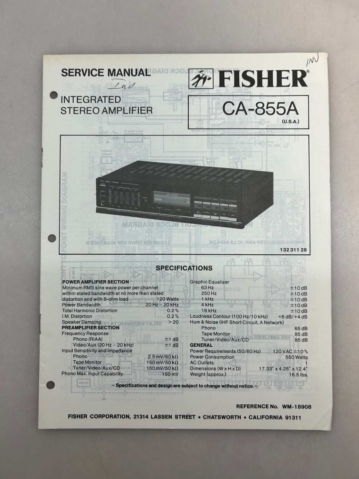 Fisher CA-855A Original Service Manual Free Shipping
