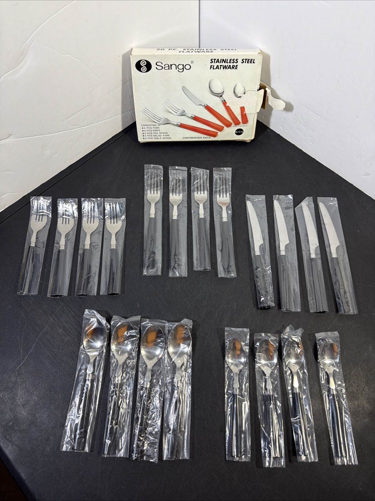 Vintage Sango Stainless Steel Flatware Set, 20 Pieces, Black, Dishwasher Safe