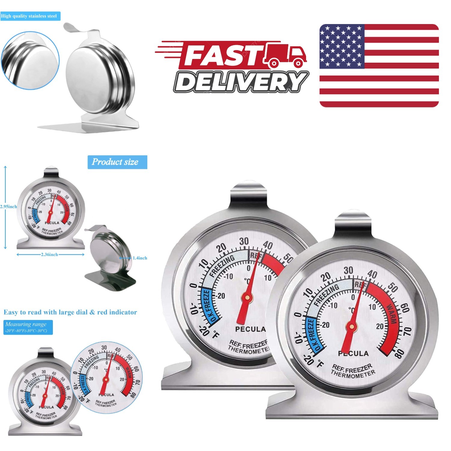 Classic Fridge Thermometer 2 Count Indoor Use Stainless Steel with Red Indicator