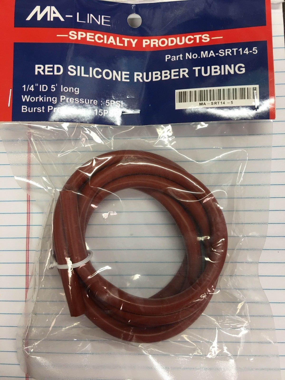 Air Tubing red silicone rubber 1/4" ID x 5' working PSI: 5, Burst PSI 15 SRT14-5