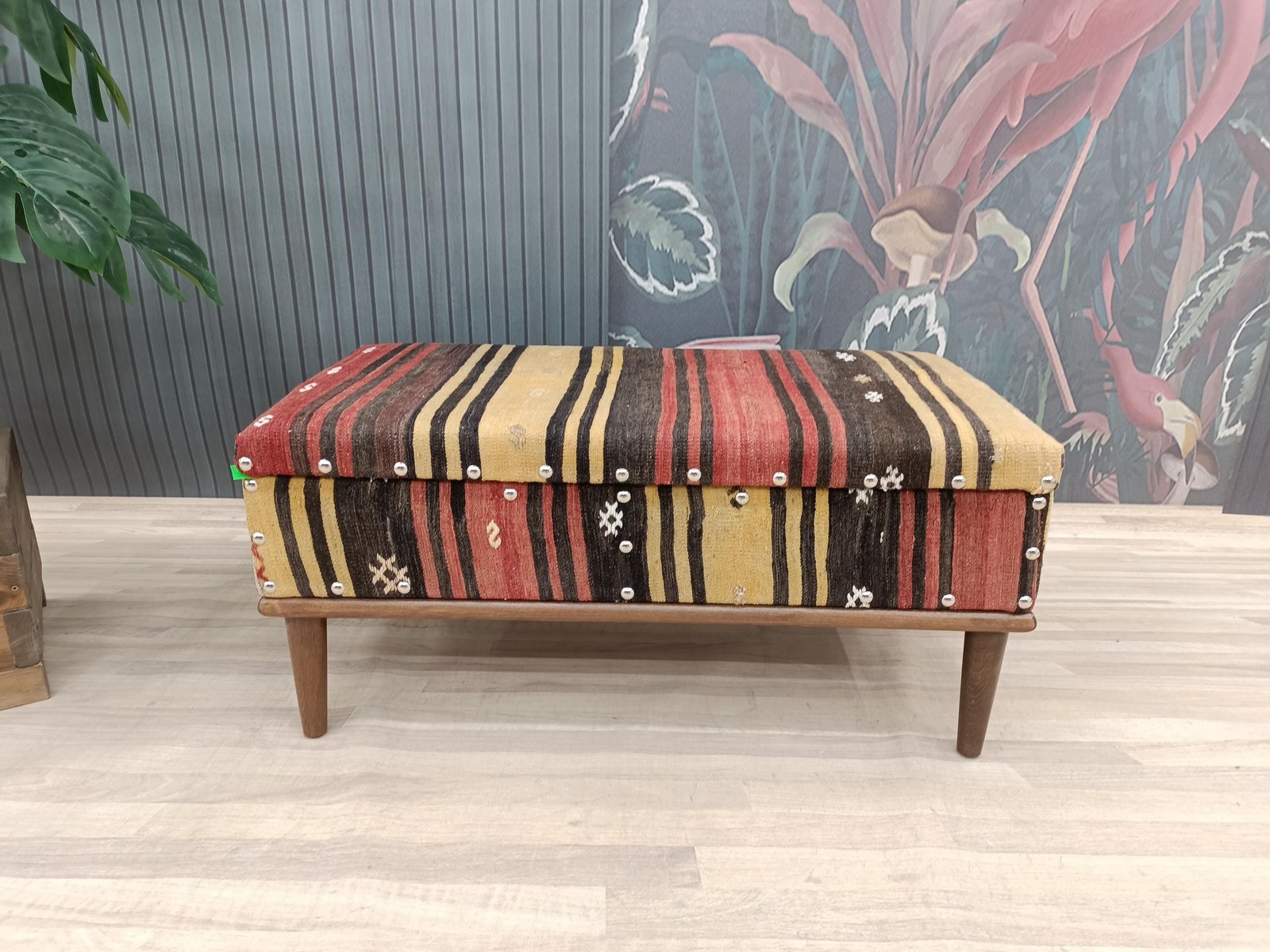 Kilim Storage Ottoman Handmade Wood Bench Upholstered Entry Organizer