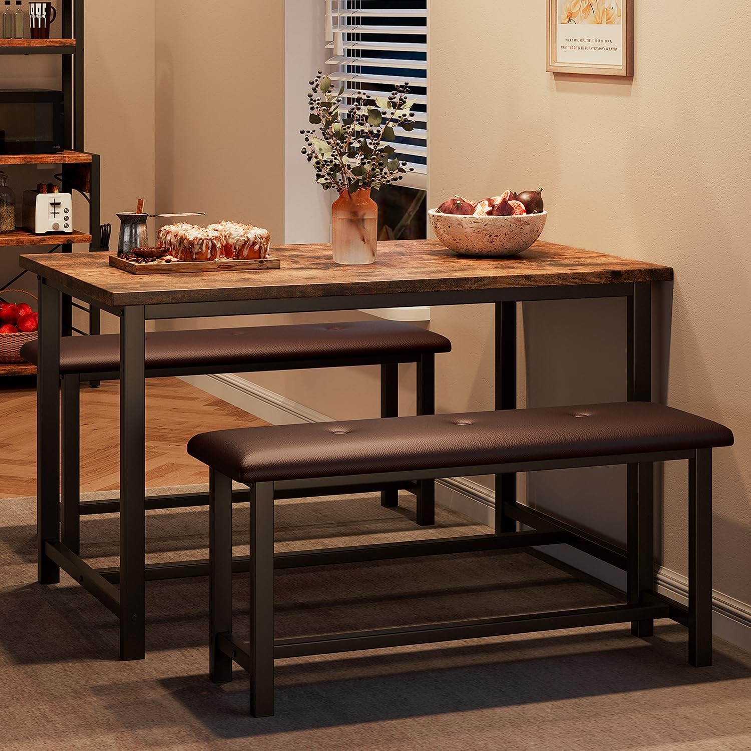 Dining Table Set 4 Kitchen Table W/ 2 Upholstered Benches Wood Kitchen Dining