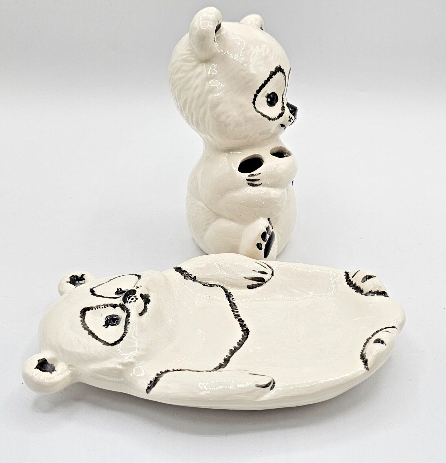 Panda Ceramic Soap Dish and Toothbrush Holder Bathroom Kitsch Signed Phyllig