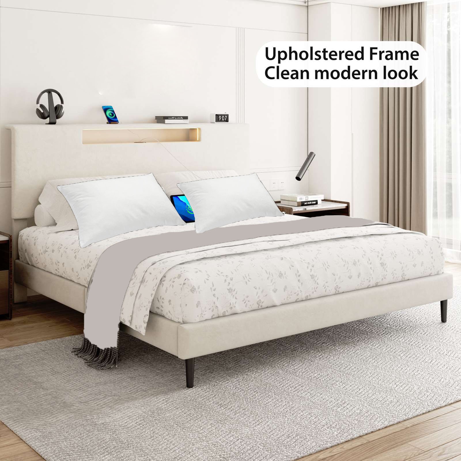 Upholstered Platform Bed Large Size Frame With LED Light And Charging Function