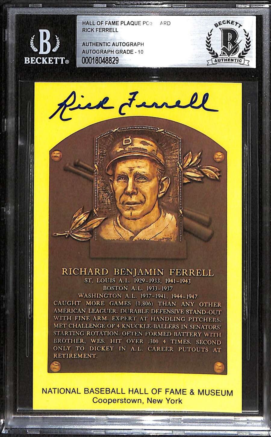 1964-Date Hall of Fame Plaque Rick Ferrell HOF BGS Auto 10 Autograph BAS B102324