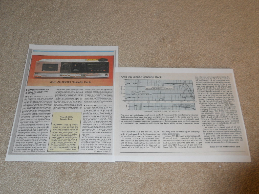 Aiwa AD-3800u Cassette Review, 2 pg, 1982, Complete Test, Specs, Info