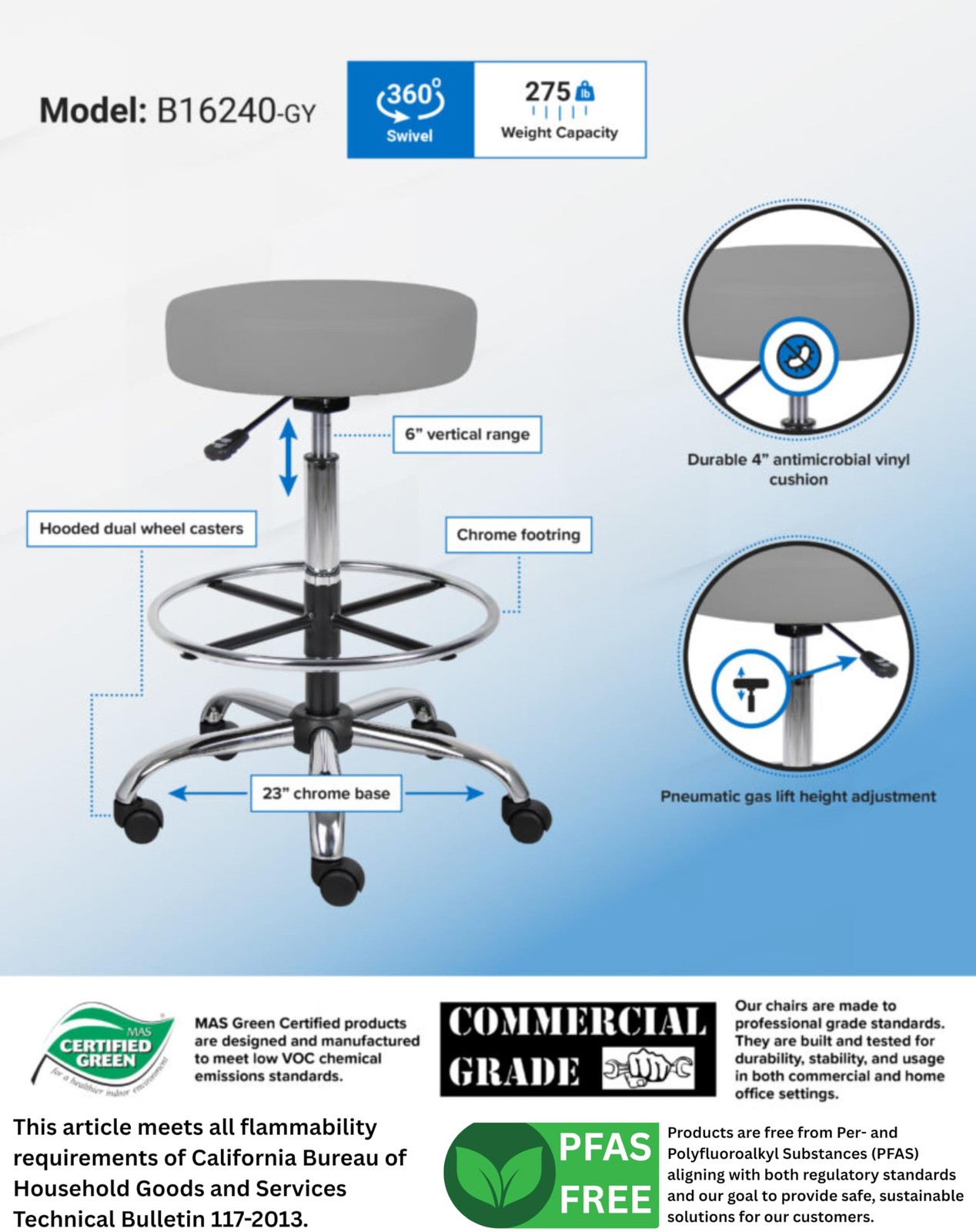 Boss Office Products 16" Adjustable Grey Drafting Stool