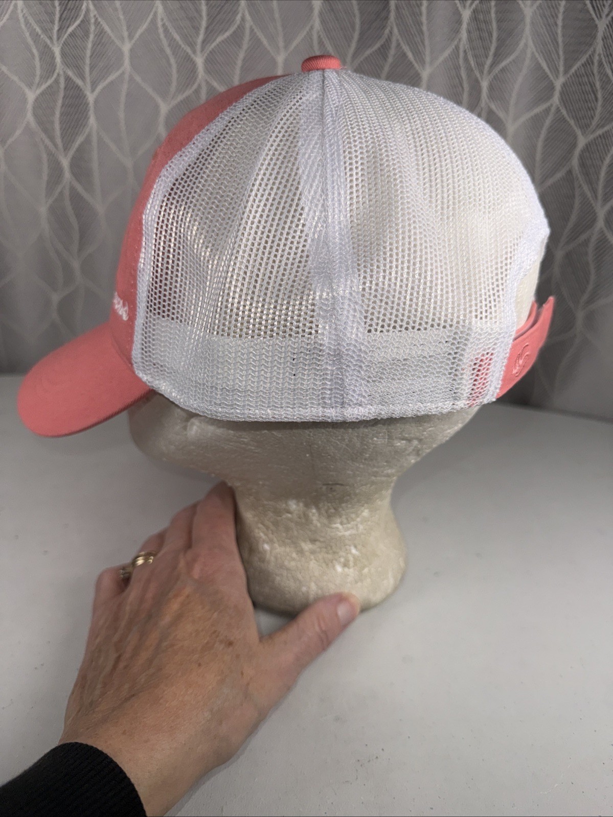Cummins in white letters on Pink Fabric Hat Cap White Mesh SnapBack EUC