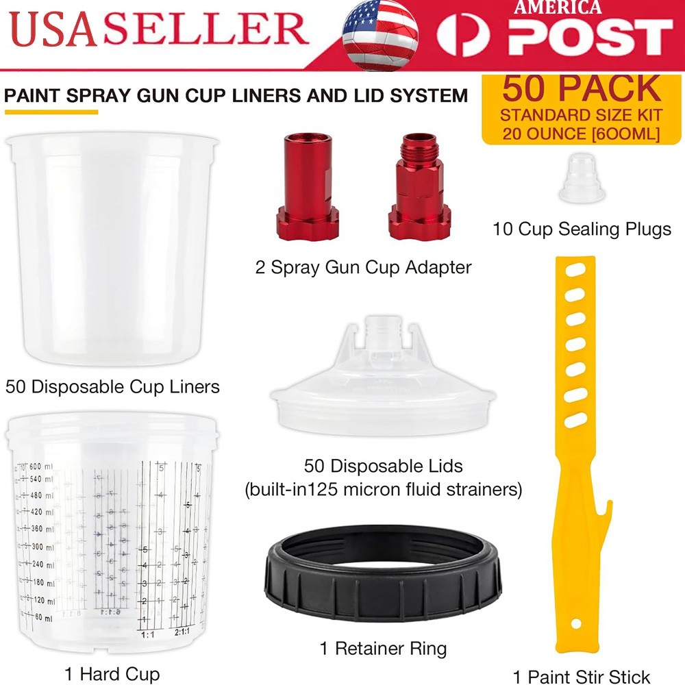 🔥 50 Pack Disposable Paint Spray Gun Cup Liners + Lid System Kit 20oz 600ML Cup