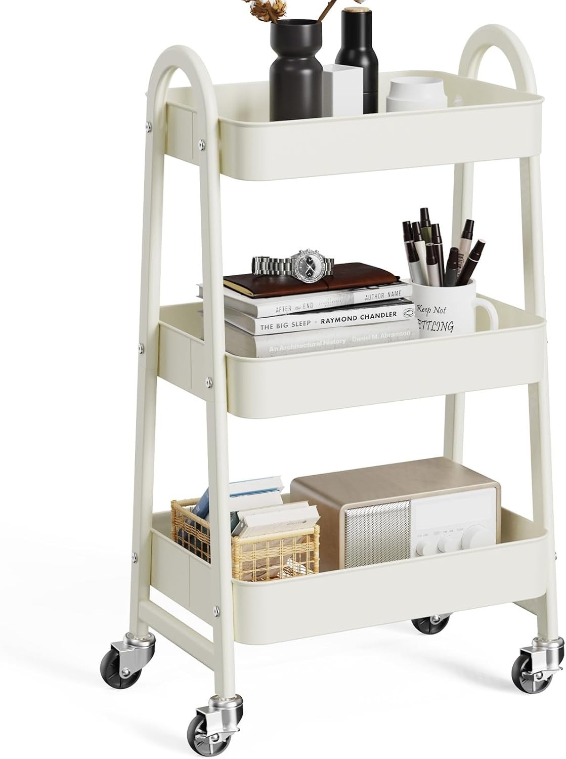 Rolling Storage Cart with Lockable Wheels Metal Utility Organizer Shelf White