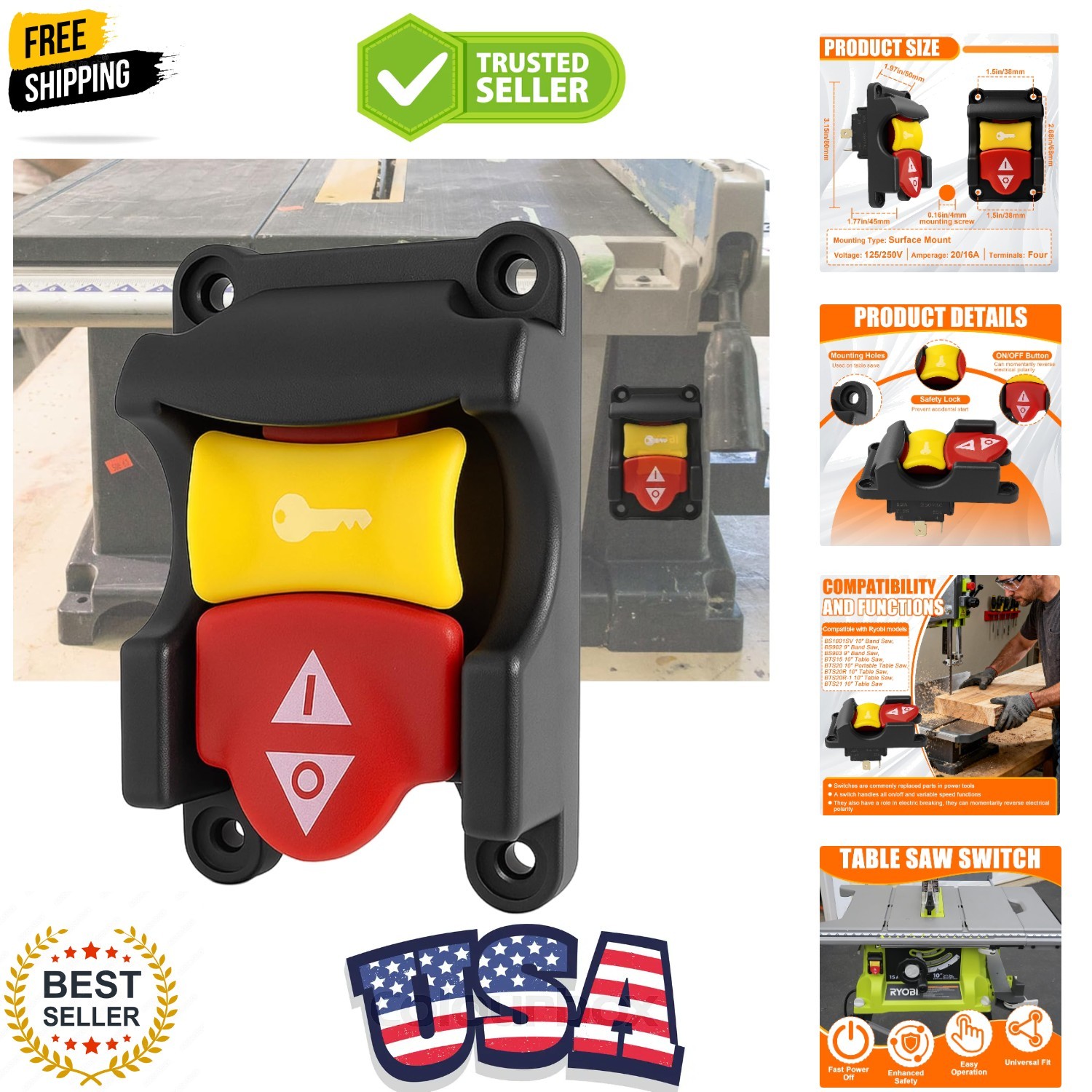 Table Saw Switch Replacement Compatible with Ryobi and Craftsman, Paddle On/O...