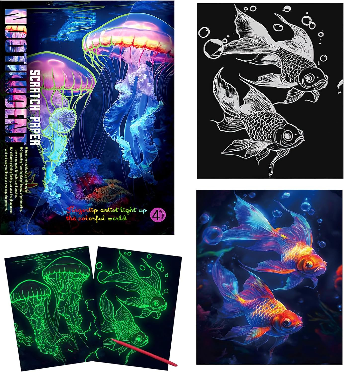 Scratch Art for Adults & Teens,4 Sheets Glow in the Dark Rainbow Scratch Paper,B