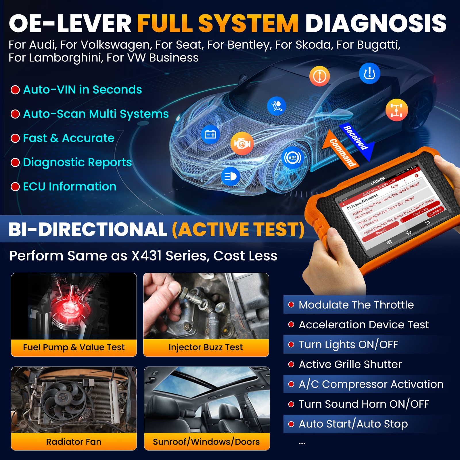 LAUNCH Creader Elite 2.0 for VW Audi Car OBD2 Scanner Diagnostic Key Programming