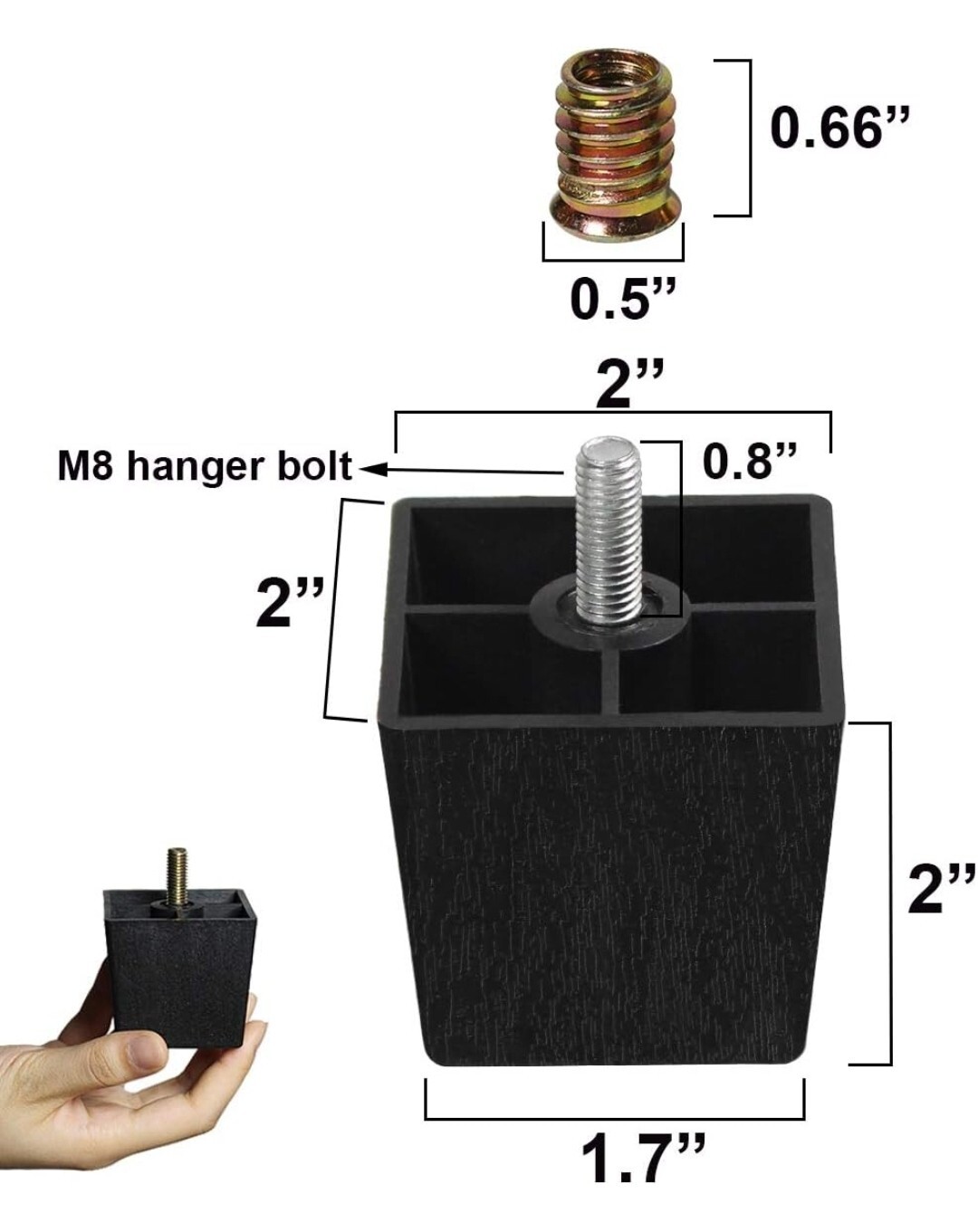 2 inch Sofa Legs Plastic Feet for Furniture Legs Riser Square Set of 4 with M8 H