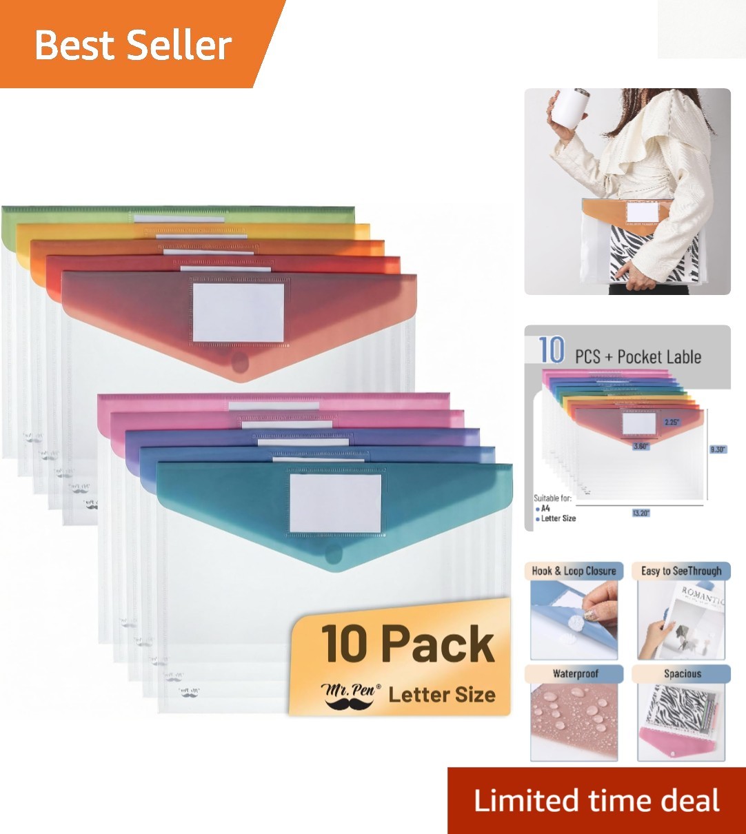Modern 10 Pack Clear Plastic File Folders with Colorful Flaps for Home or Office