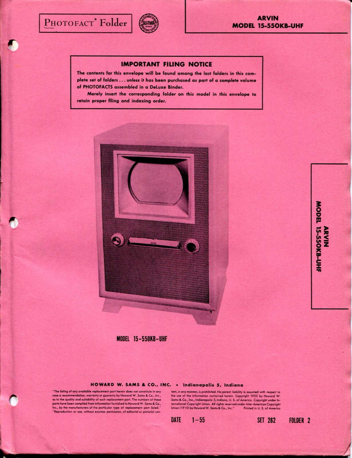 1955 Arvin 15-550KB-UHF Photofact Folder Television Service Manual