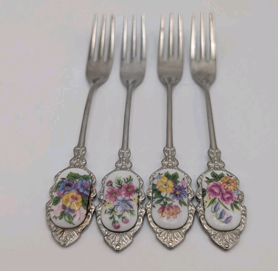 Stainless Steel and Porcelain Set Of 4 Dessert Forks Japan Vintage - Flowers