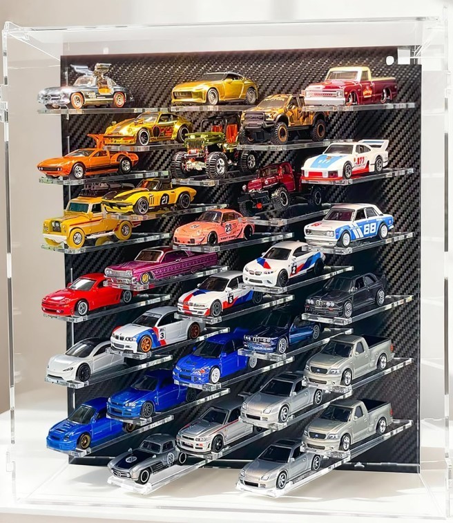 Car Display Case 30 Acrylic LED Light & Carbon Fiber Model 1/64 Diecast Rack Box