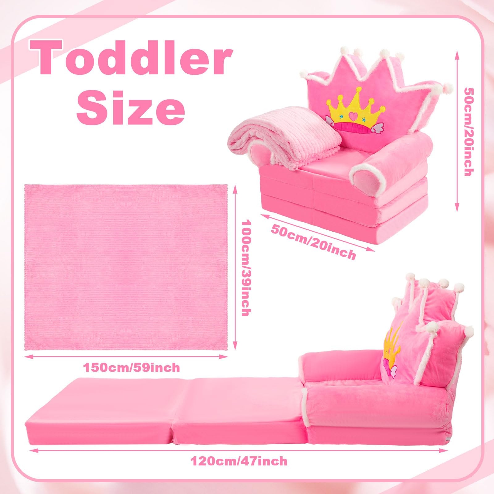 Toddler Couch 2 in 1 Soft Princess Kids Fold Out Couch with Flannel Blanket