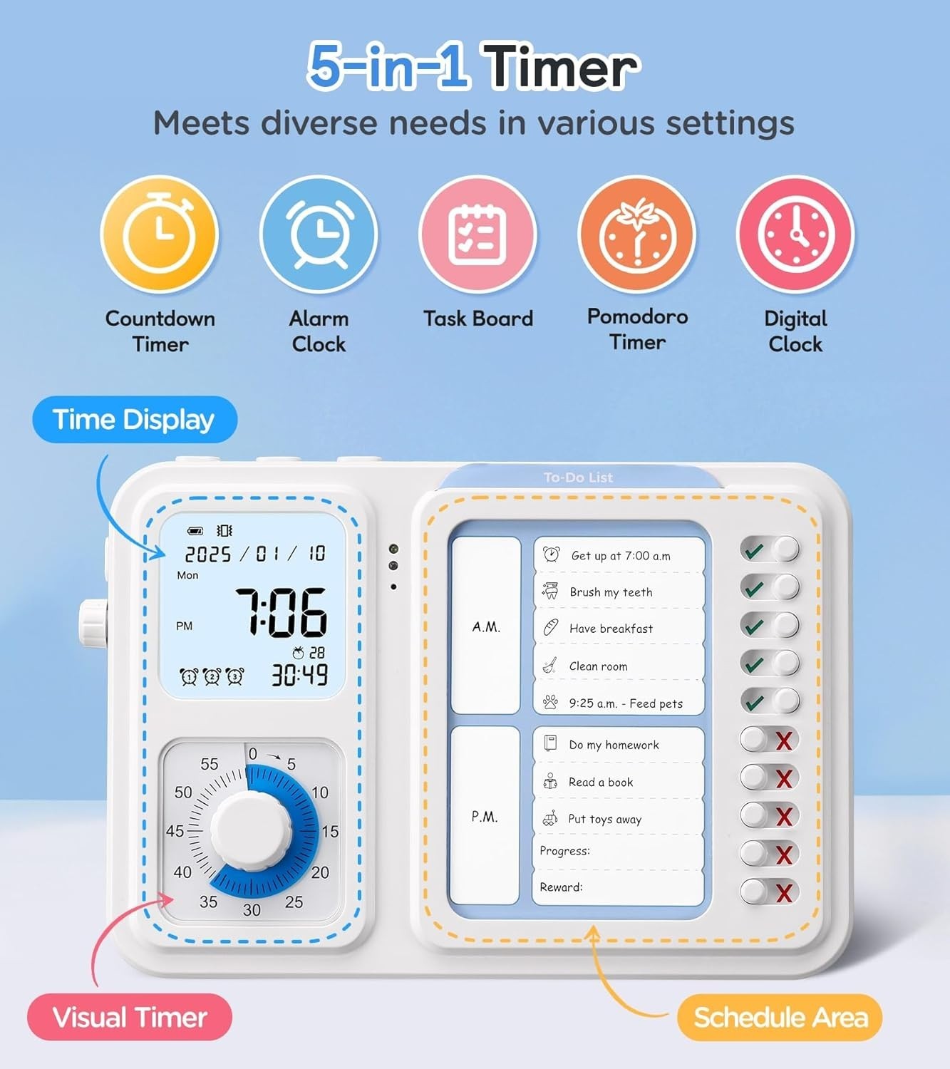 3-in-1 Visual Timer & ADHD Tool for Kids|Adults, Task Timer with Chore Chart ...