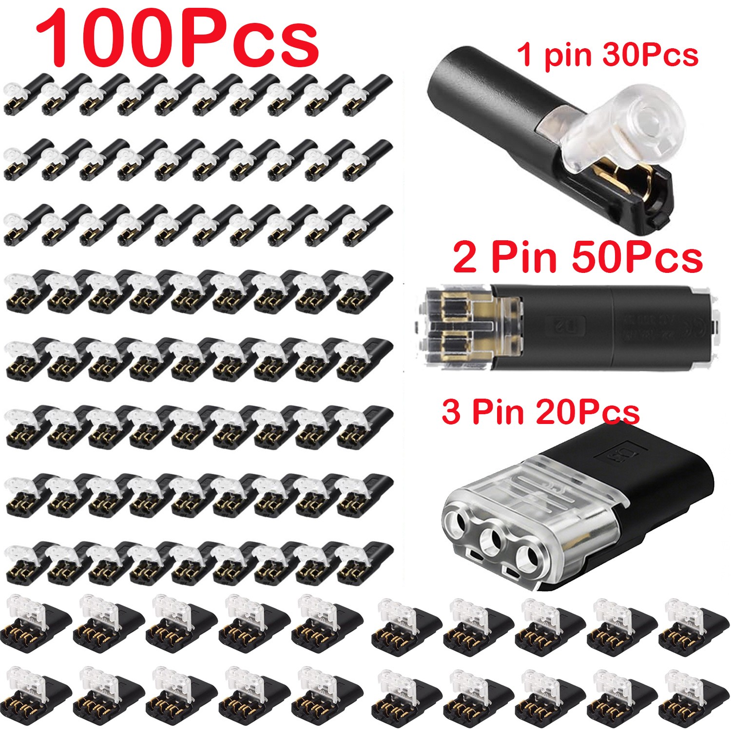 100Pcs 1/2/3 Pin Electrical Wire Connectors Kit Quick Splice Wire Connectors