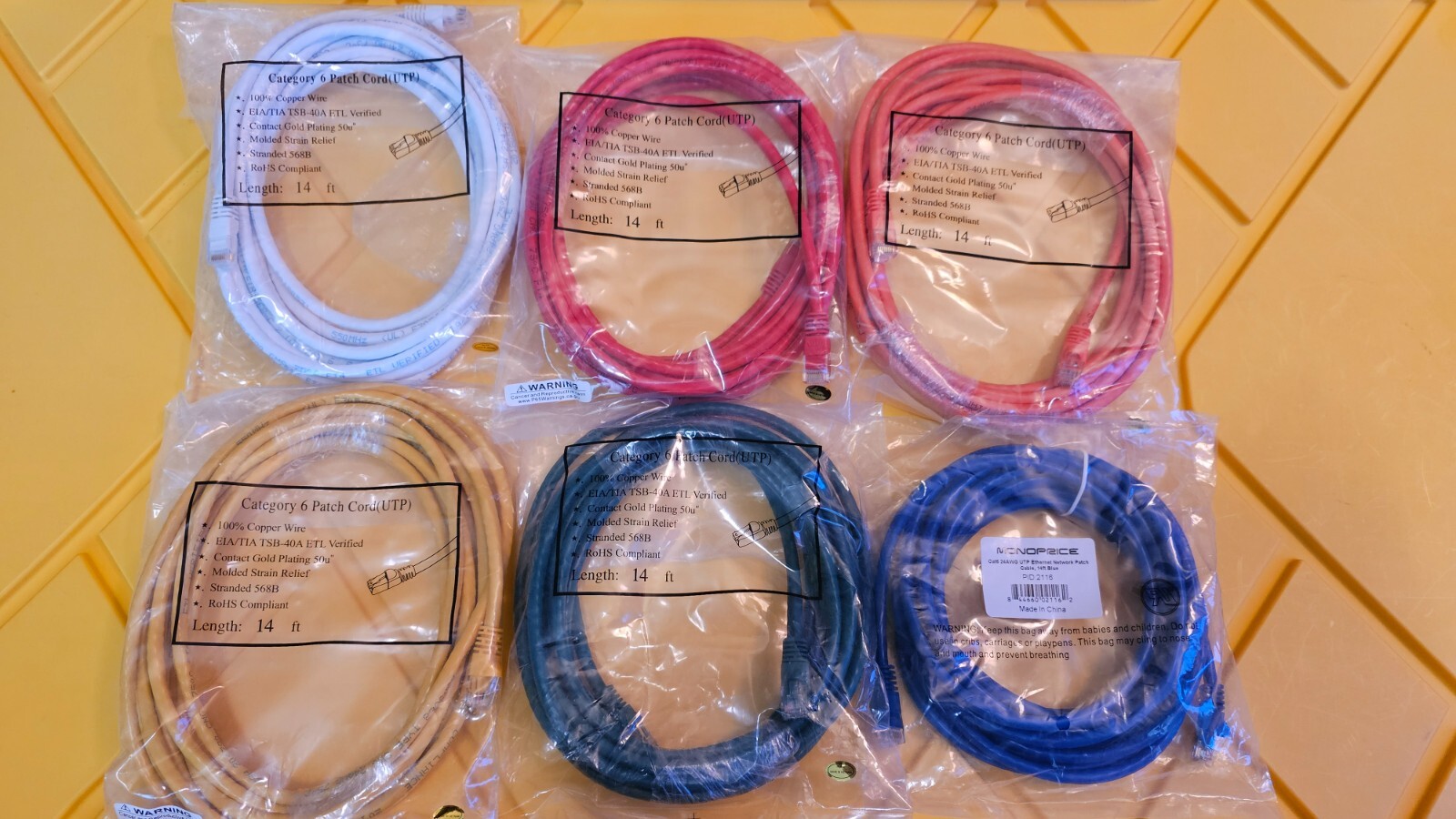 Monoprice OEM 14Ft. Cat6 Ethernet Patch Cord(UTP) Stranded 568B, Multi Colors