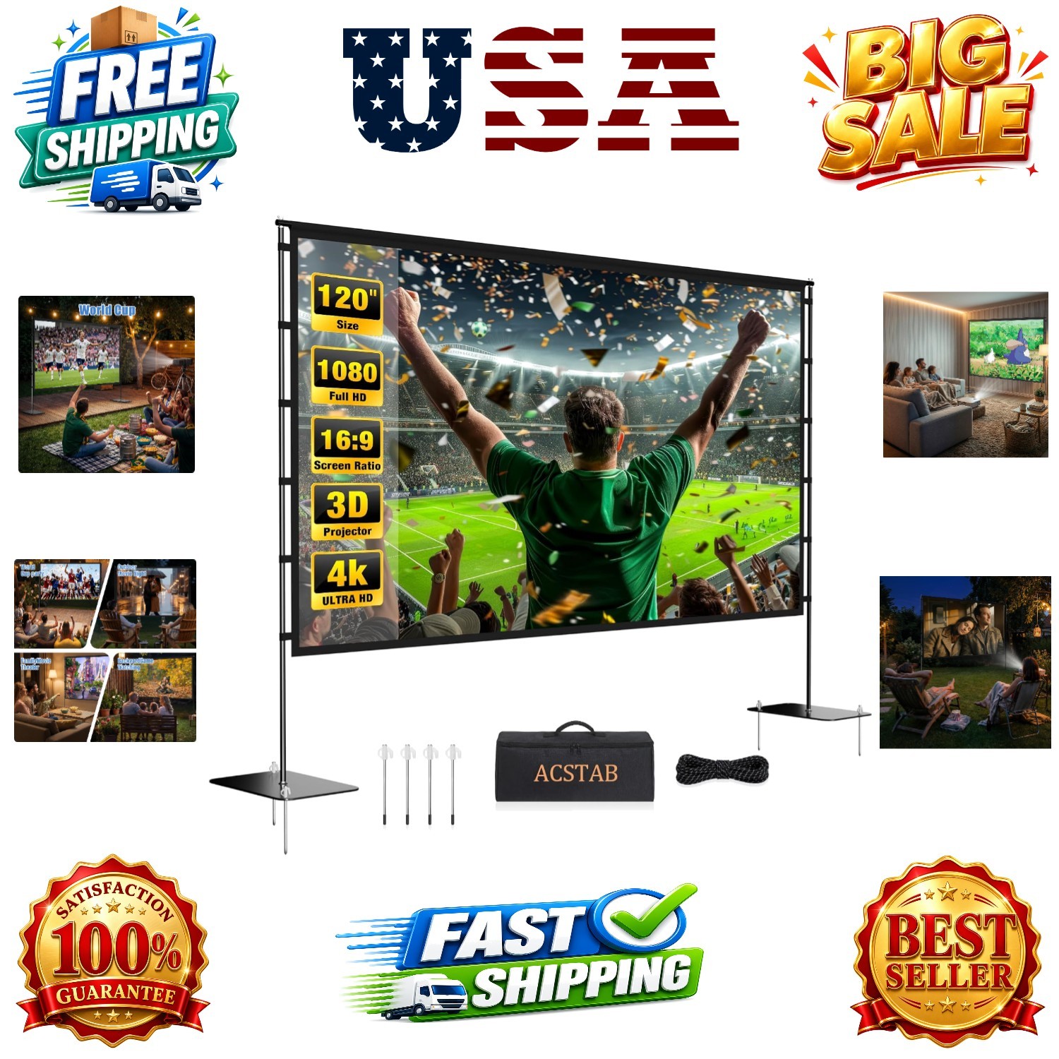 Outdoor Projector Screen with Stand - 120 Inch Portable Projector Screen Outd...