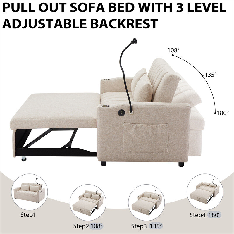 55.9" Convertible Sofa Bed Loveseat Sofa w/Adjustable Backrest & Phone Holder