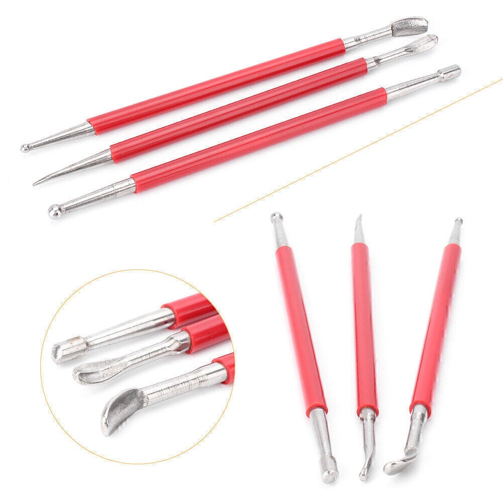 Modelling Tools Kit Set Red + Silver for shaping wax or PMC Silver Clay 3pcs po