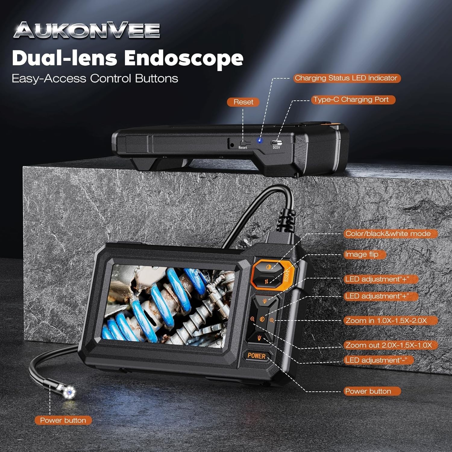Dual Lens Borescope Camera, 4.3" HD IPS Screen