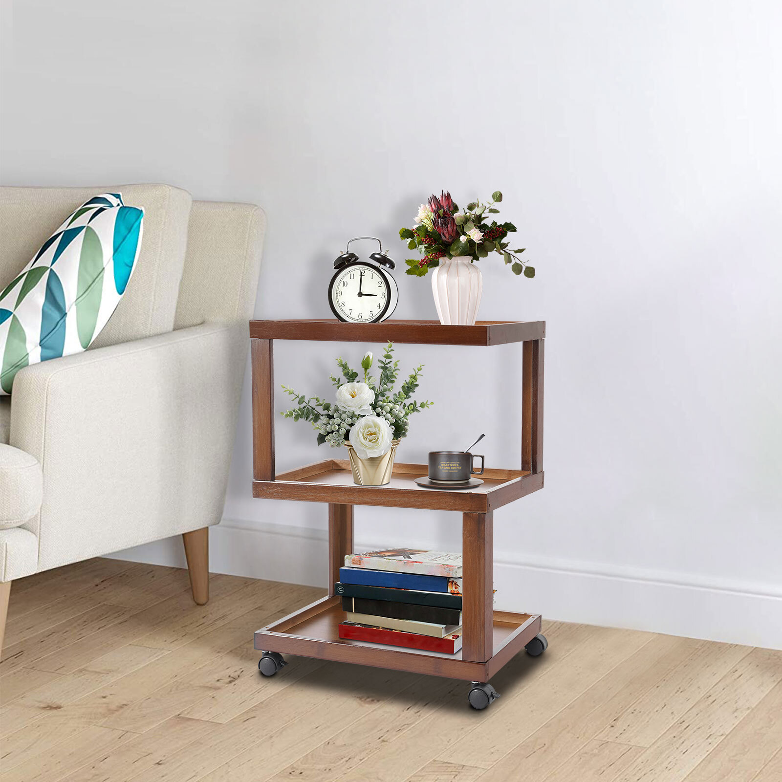 End Table 3-Tier Wood Nightstand End Table for Small Spaces with Open Storage