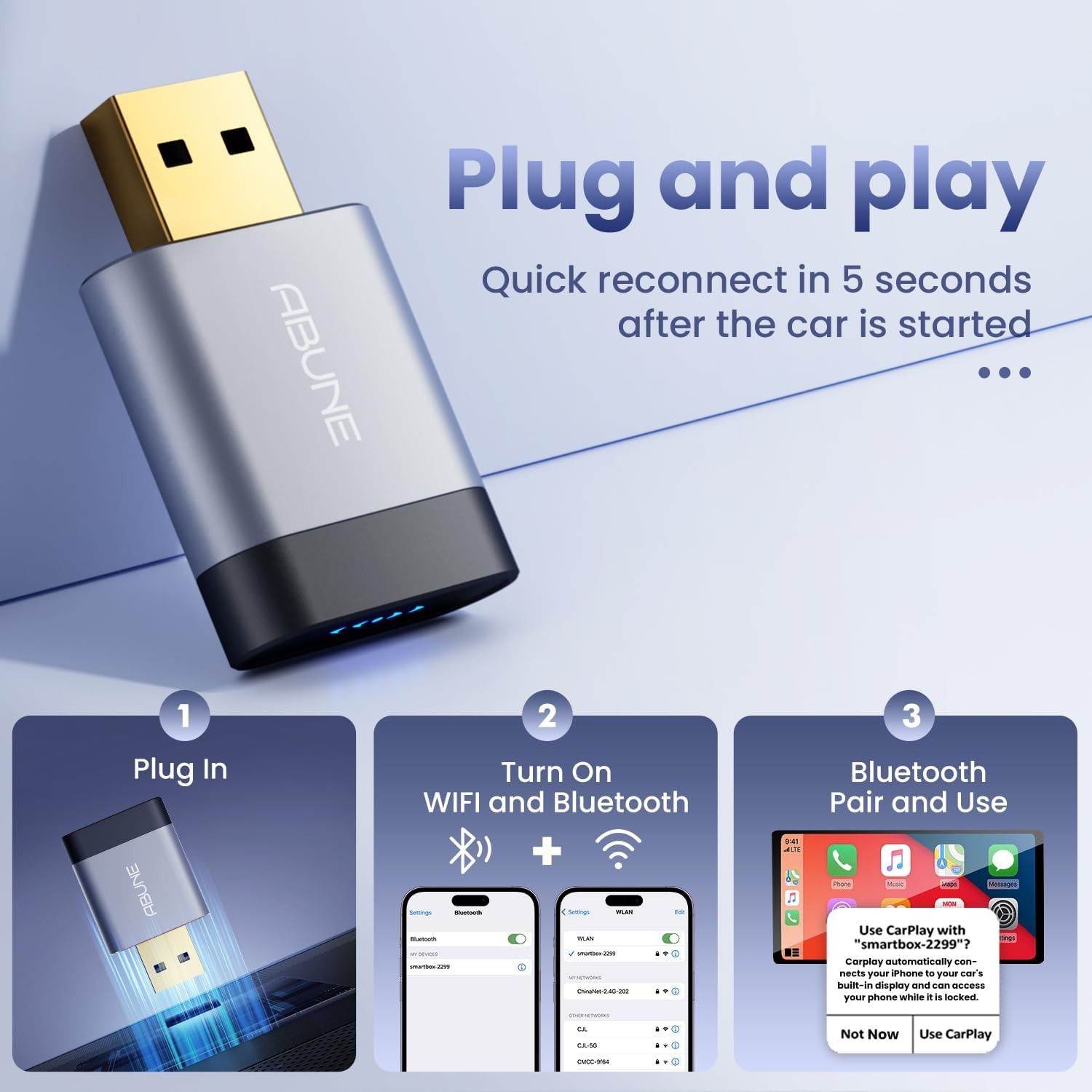 2025 Mini Wireless CarPlay Adapter for iPhone & Android Auto, Easy to Use Blu...