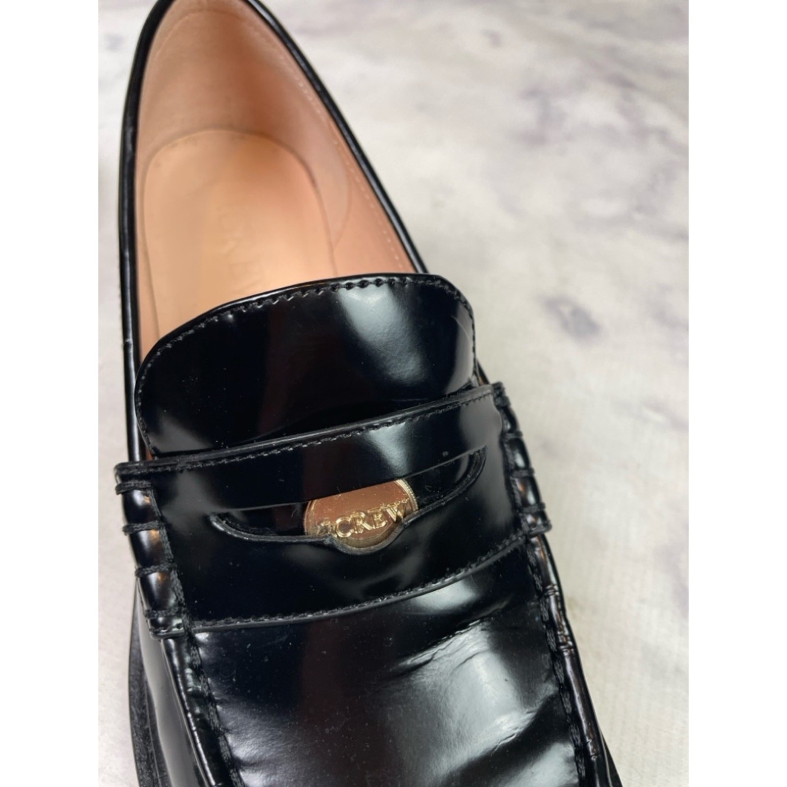 J. Crew Coin Loafers Black Patent Leather Block Heel Modern Classic Sz 9