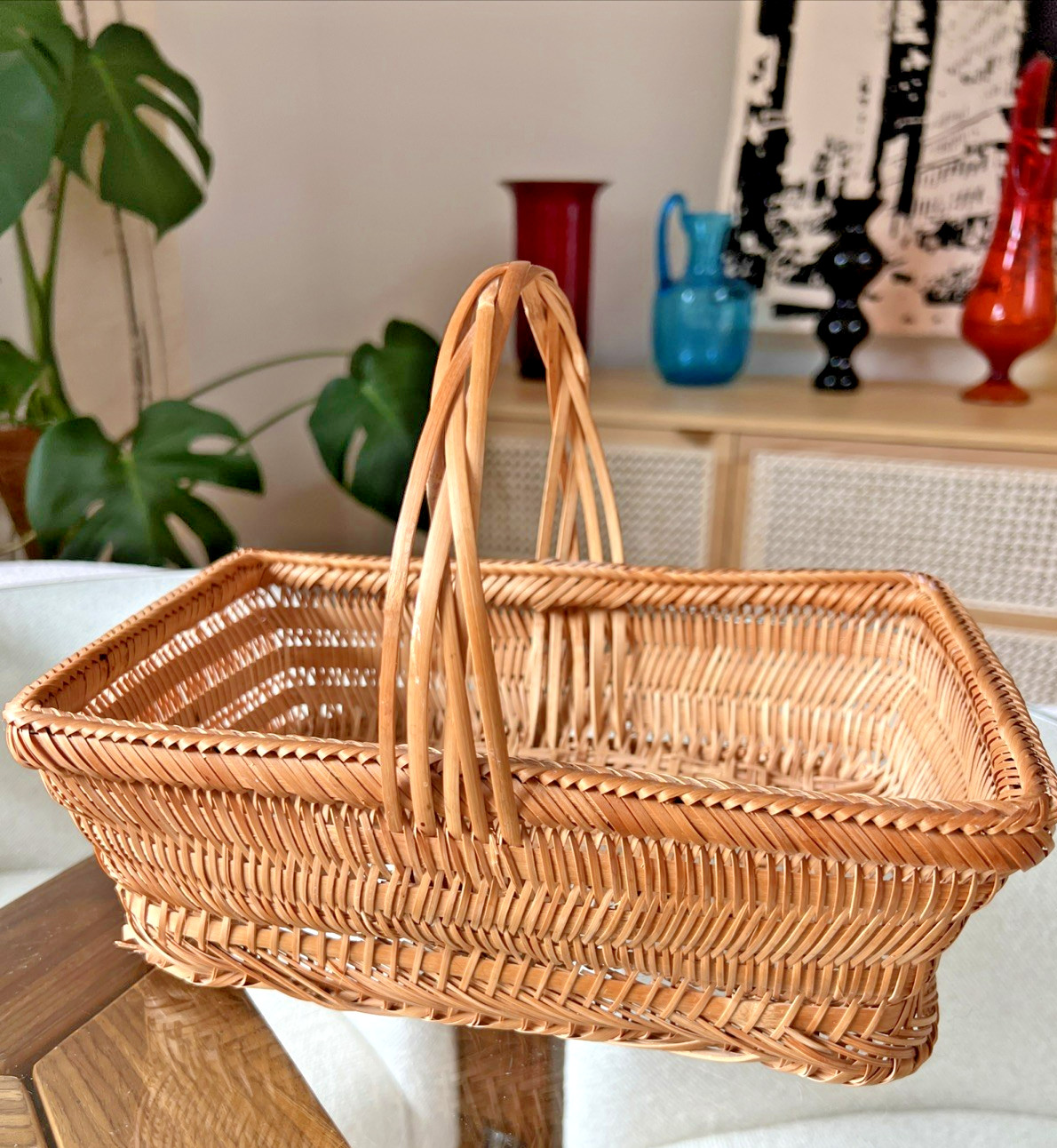 Basket w/ Handle 10" Rustic Farmhouse Tight Weave Rattan Bamboo Boho Decor