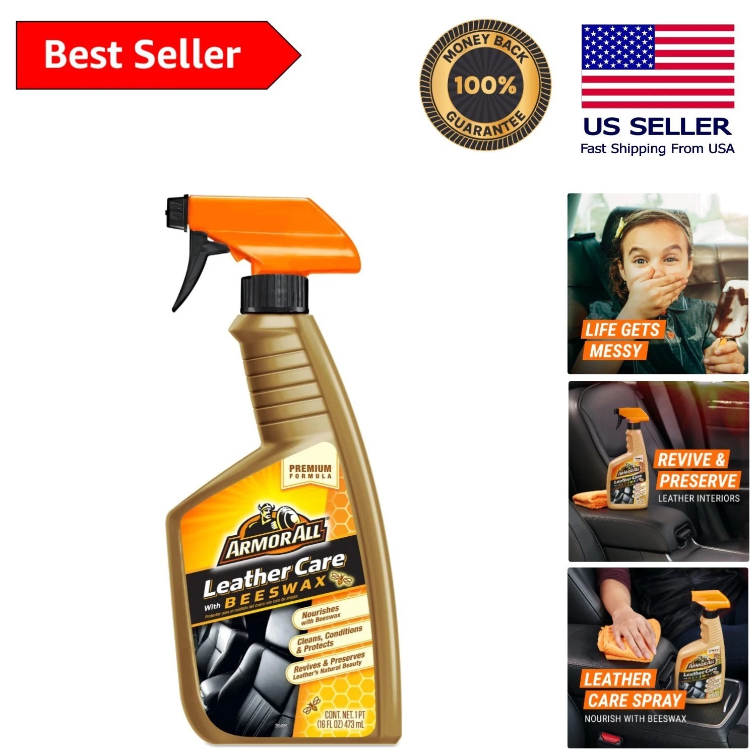 Eco-Friendly Leather Cleaner Spray with Beeswax - 16 Oz for Automotive Interior