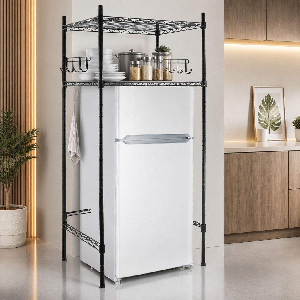 Mini Fridge Stand with Storage Adjustable Steel Black New