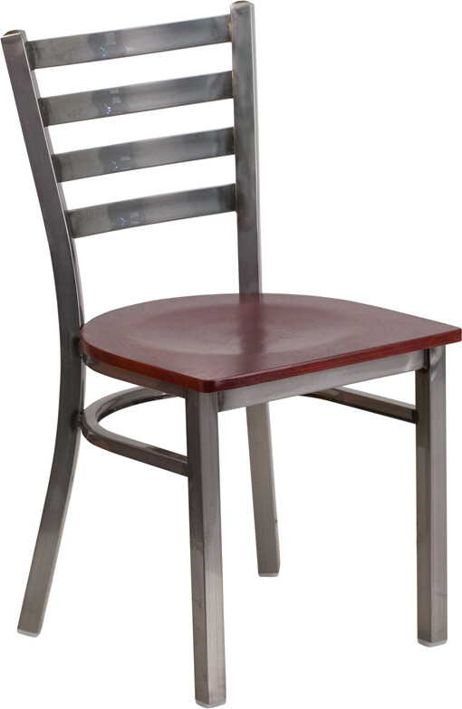 Clear Coated Ladder Back Metal Restaurant Chair with Mahogany Wood Seat