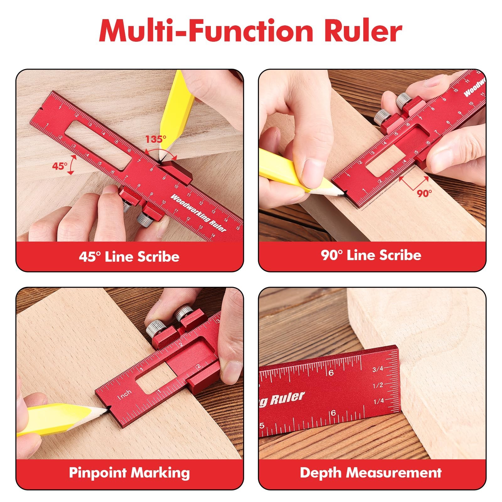 Draxzor 3PCS Woodworking Ruler Set, Precision Pocket with Red