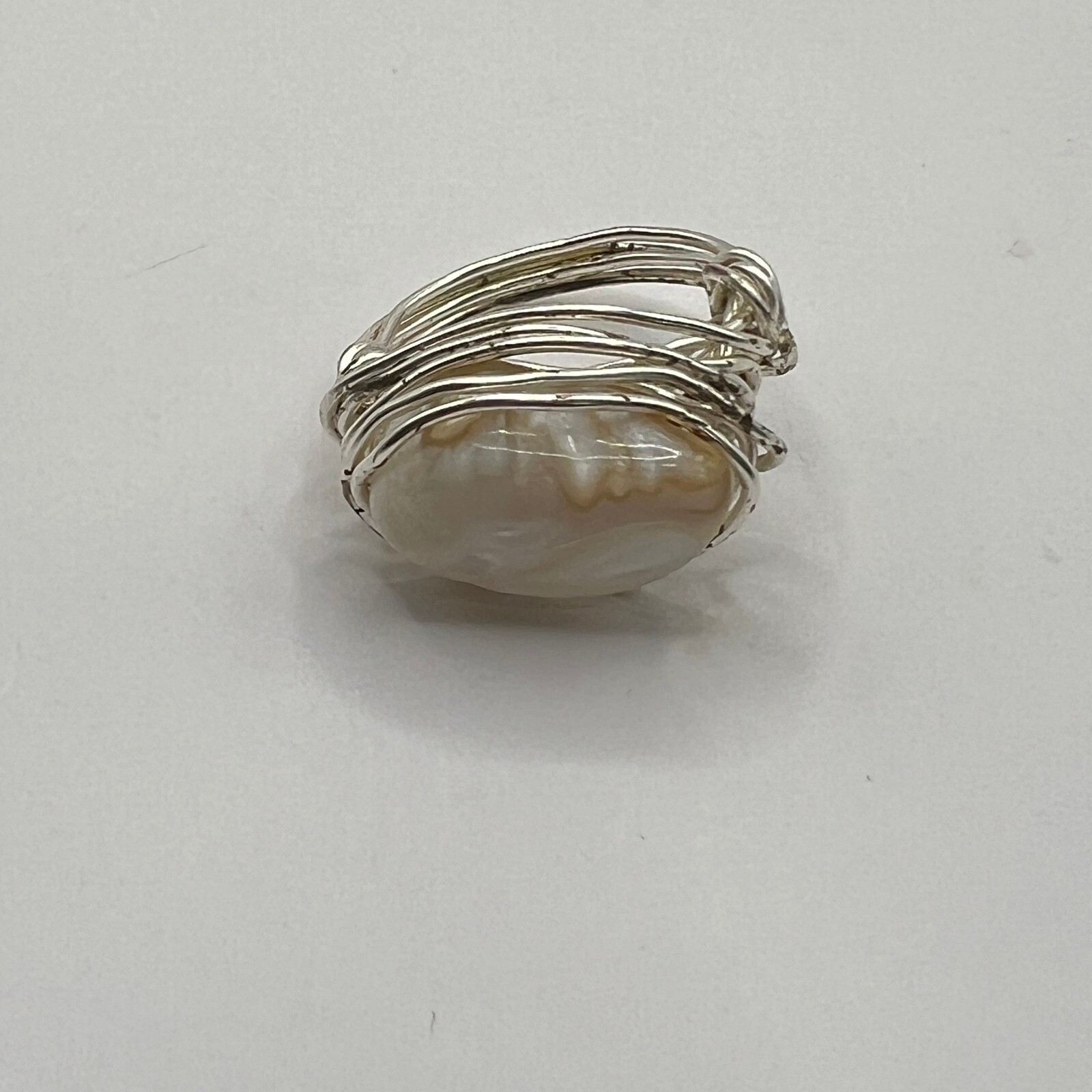 Artisan Silver Tone Wrap Ring White Stone Hand Made Size 6