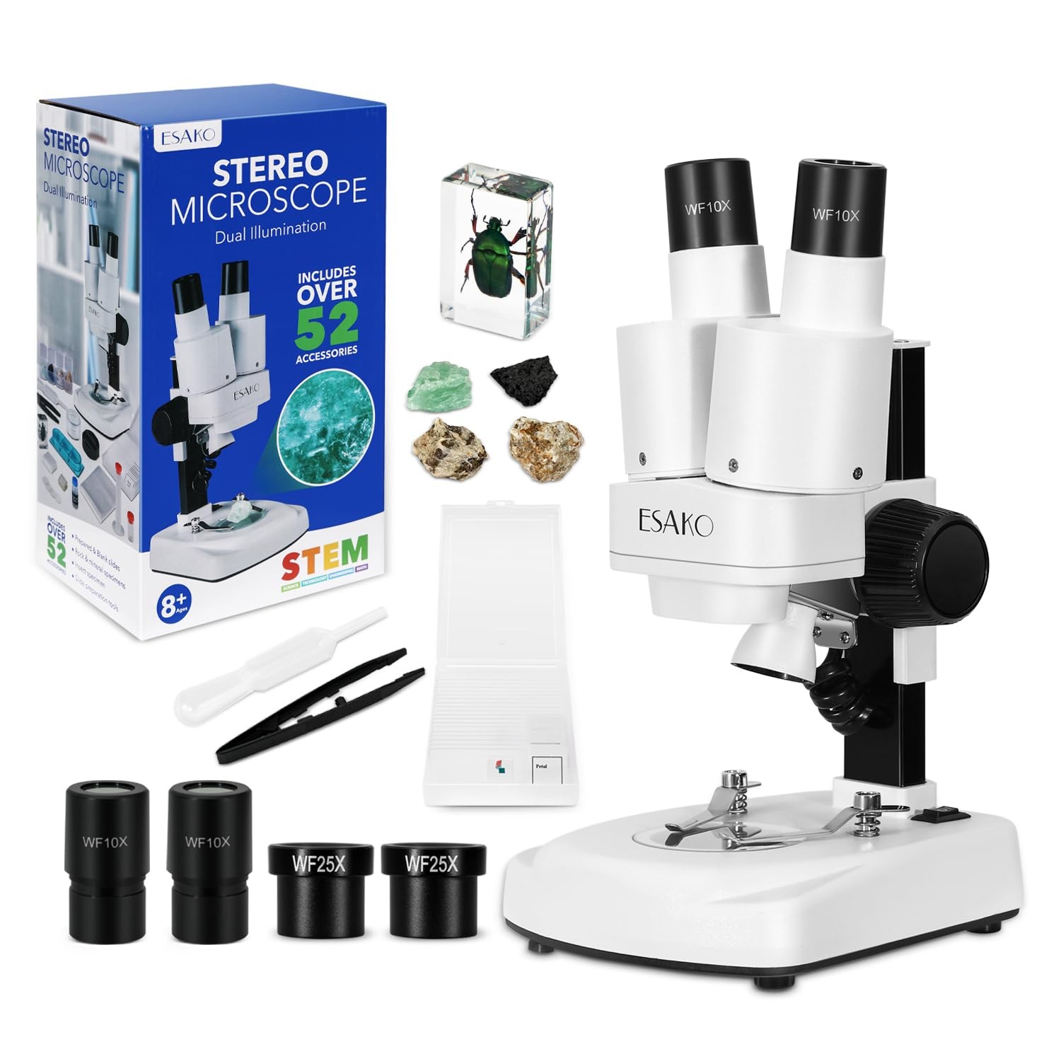 ESAKO Dual LED Kids Microscope - 52+ Piece Science Kit with Mineral & Insect