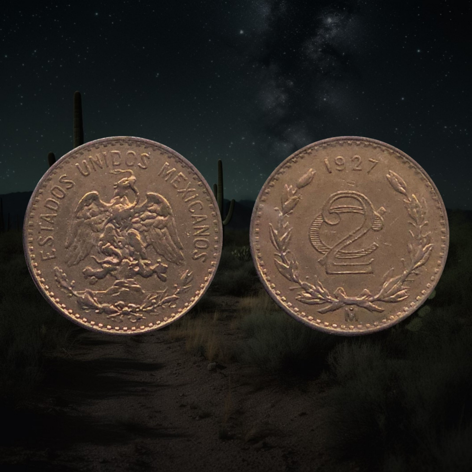1927 Mexico 2 Centavos Coin, National arms, Wreath