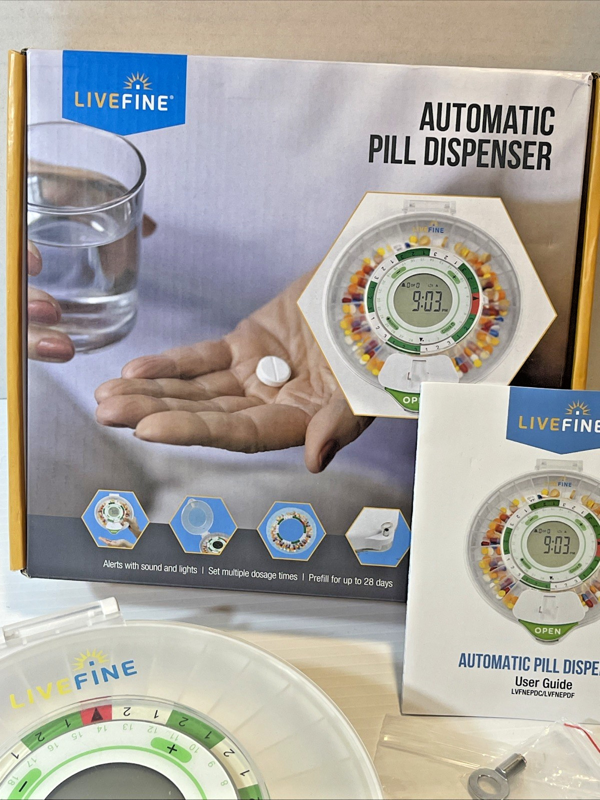 LiveFine Automatic Pill Dispenser with Key Lid Lock Alarm Large Display Open Box