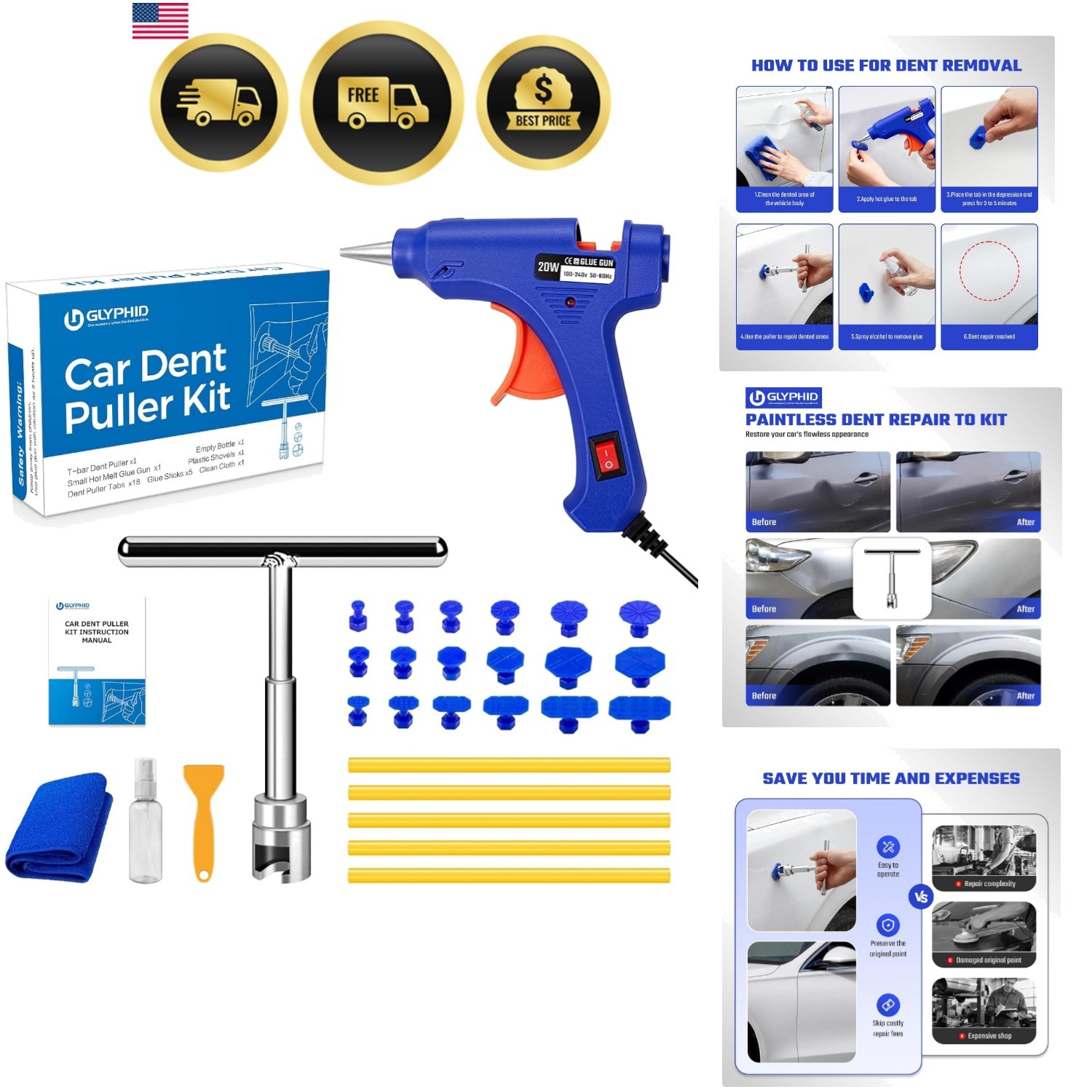Car Dent Repair Removal Kit Small Paintless Auto Body Puller Remover Tool Too...
