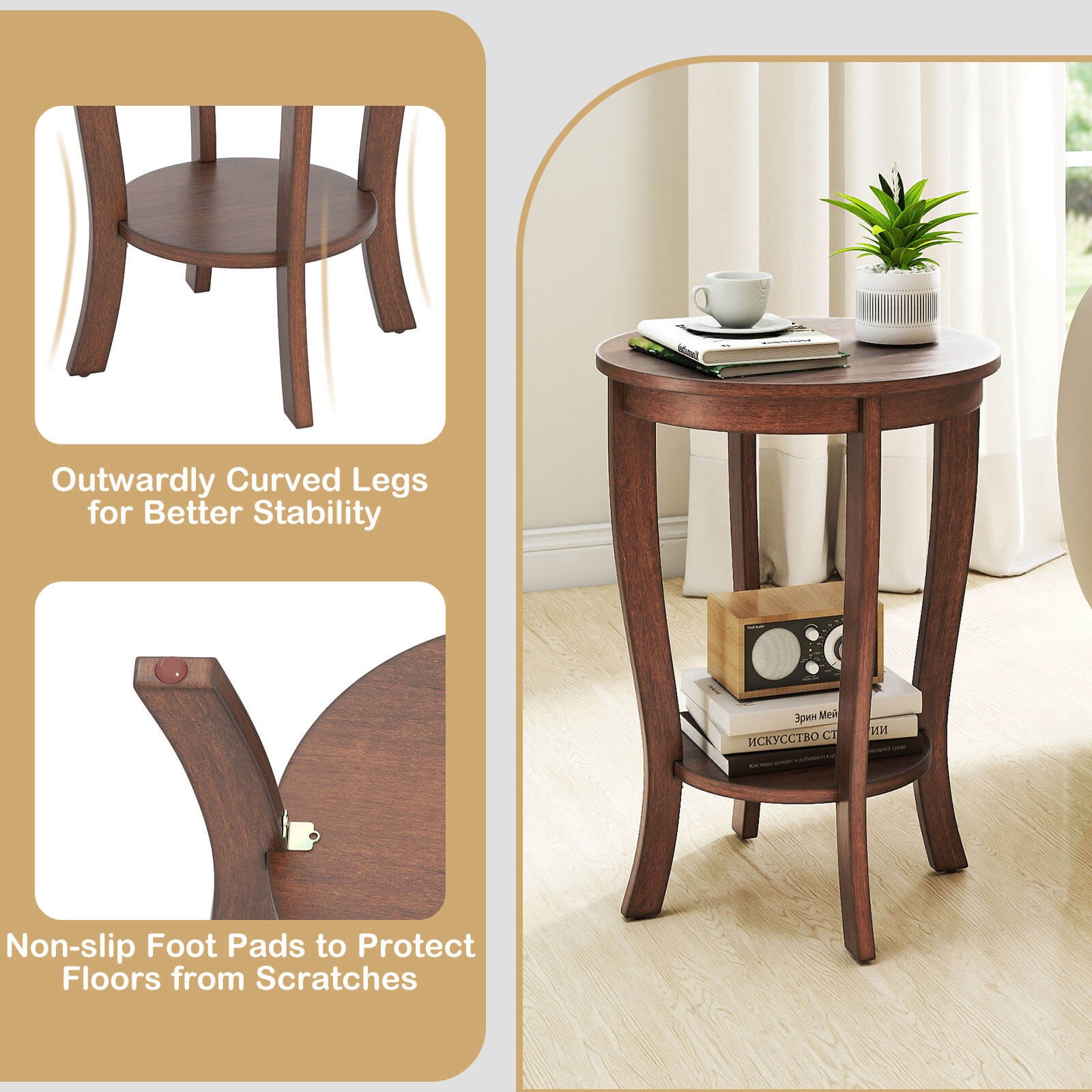 2-Tier End Table 18" Round Compact Sofa Side Nightstand w/Storage Shelf